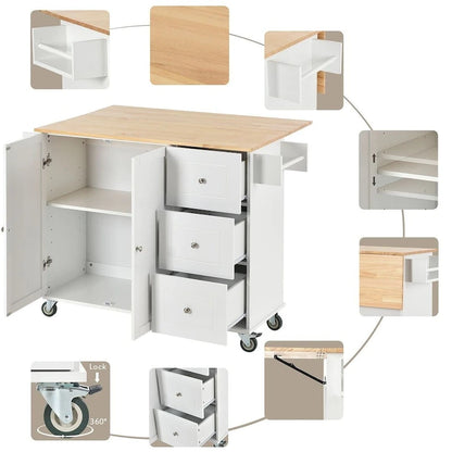 52.7 W Folding Multifunctional Lockable Wheel Kitchen Cart with 2 Doors and 3 Drawers