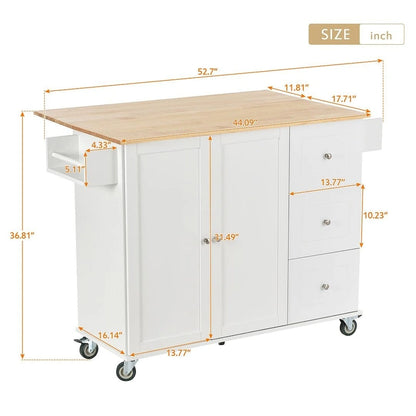 52.7 W Folding Multifunctional Lockable Wheel Kitchen Cart with 2 Doors and 3 Drawers