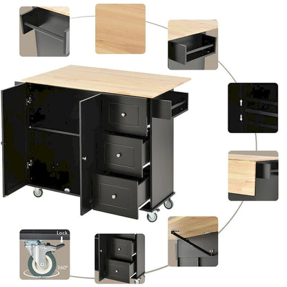 52.7 W Folding Multifunctional Lockable Wheel Kitchen Cart with 2 Doors and 3 Drawers