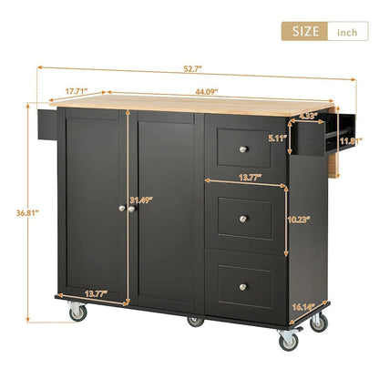 52.7 W Folding Multifunctional Lockable Wheel Kitchen Cart with 2 Doors and 3 Drawers