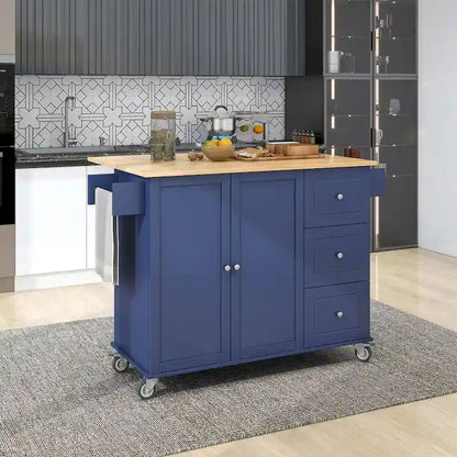 52.7 W Folding Multifunctional Lockable Wheel Kitchen Cart with 2 Doors and 3 Drawers