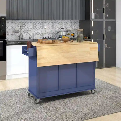 52.7 W Folding Multifunctional Lockable Wheel Kitchen Cart with 2 Doors and 3 Drawers