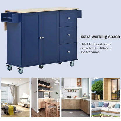 52.7 W Folding Multifunctional Lockable Wheel Kitchen Cart with 2 Doors and 3 Drawers