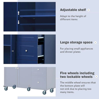 52.7 W Folding Multifunctional Lockable Wheel Kitchen Cart with 2 Doors and 3 Drawers