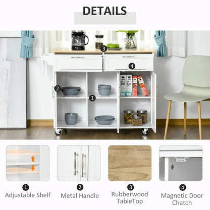 Mobile Kitchen Island with Wood Top, Drawers, Cabinets, Adjustable Shelves, and Towel Rack