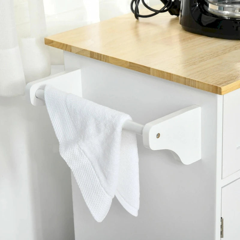 Mobile Kitchen Island with Wood Top, Drawers, Cabinets, Adjustable Shelves, and Towel Rack