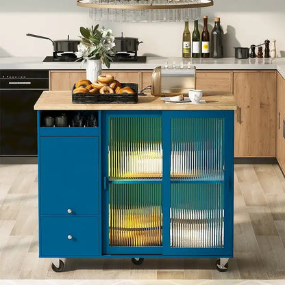 Kitchen Island Cart w/Drop Leaf, LED Light & Changeable Wheels or Feet