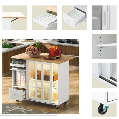 Kitchen Island Cart w/Drop Leaf, LED Light & Changeable Wheels or Feet