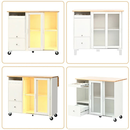 Kitchen Island Cart w/Drop Leaf, LED Light & Changeable Wheels or Feet
