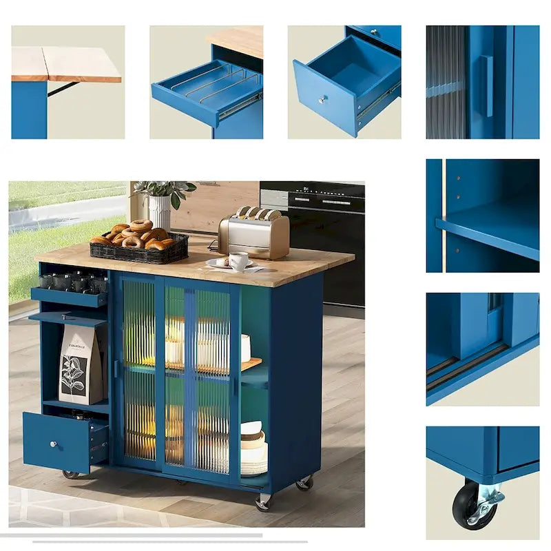Kitchen Island Cart w/Drop Leaf, LED Light & Changeable Wheels or Feet