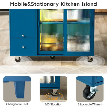 Kitchen Island Cart w/Drop Leaf, LED Light & Changeable Wheels or Feet