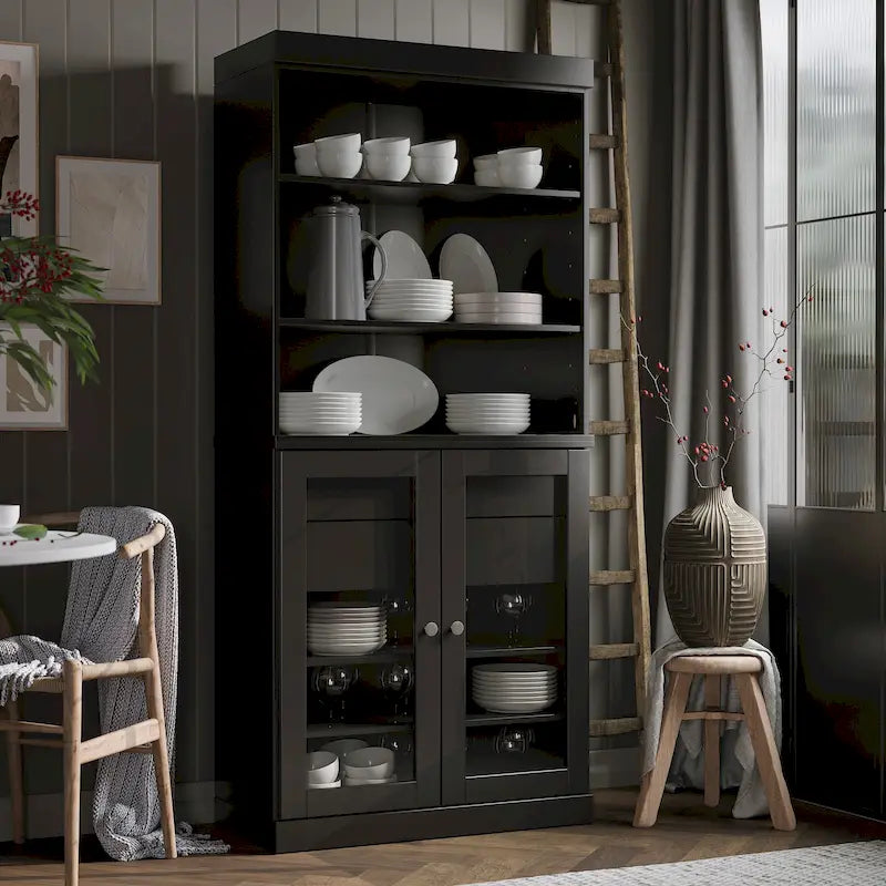 100% Solid Wood Kitchen Pantry Cabinet with 2 Clear Glass or Solid Wood Doors and 2-Drawer Organizer by Palace Imports