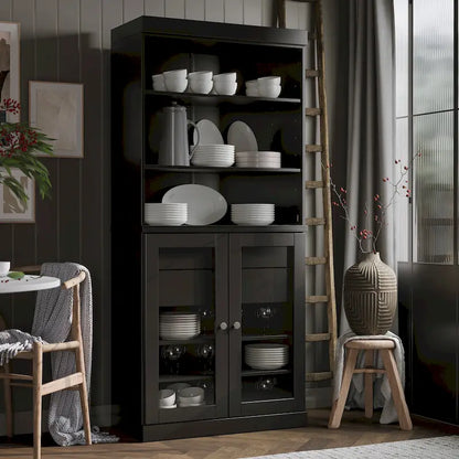 100% Solid Wood Kitchen Pantry Cabinet with 2 Clear Glass or Solid Wood Doors and 2-Drawer Organizer by Palace Imports