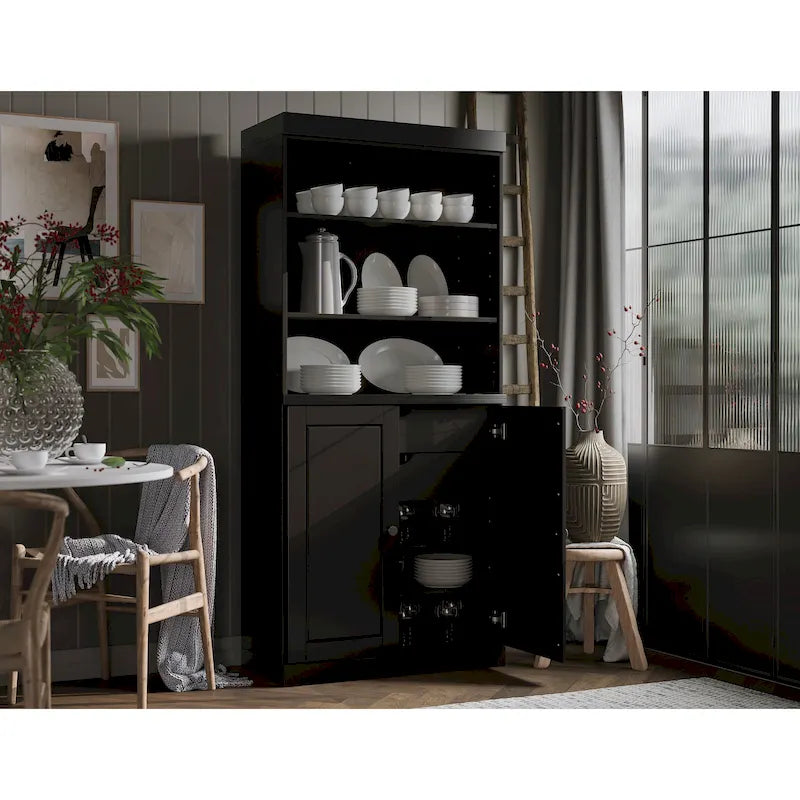 100% Solid Wood Kitchen Pantry Cabinet with 2 Clear Glass or Solid Wood Doors and 2-Drawer Organizer by Palace Imports