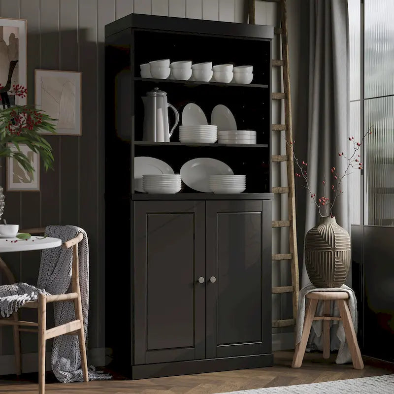 100% Solid Wood Kitchen Pantry Cabinet with 2 Clear Glass or Solid Wood Doors and 2-Drawer Organizer by Palace Imports