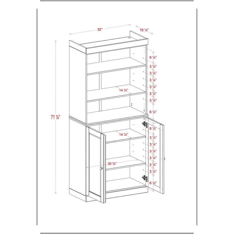 100% Solid Wood Kitchen Pantry Cabinet with 2 Clear Glass or Solid Wood Doors and 2-Drawer Organizer by Palace Imports