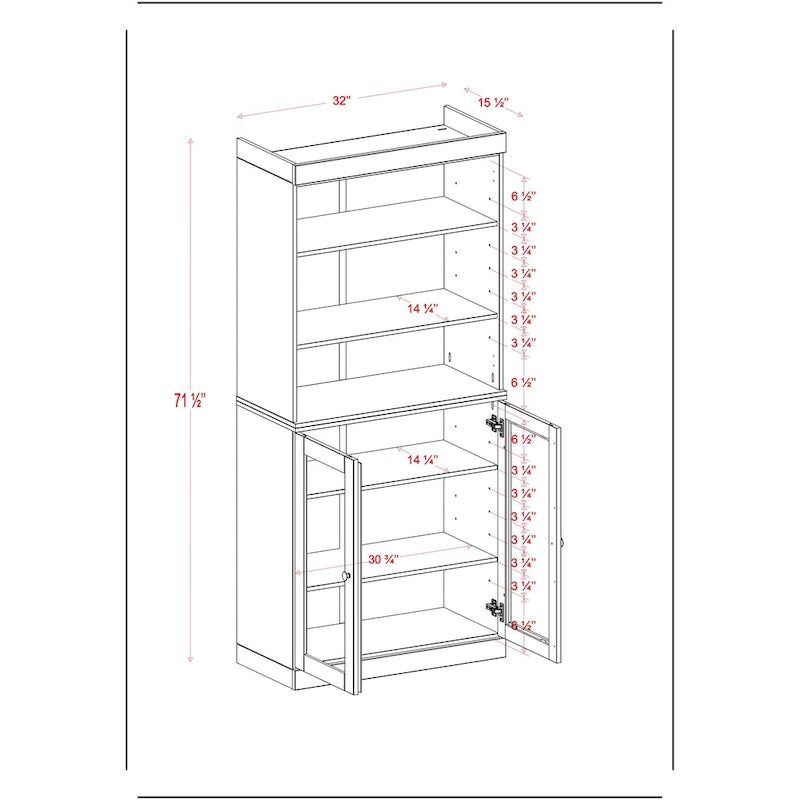 100% Solid Wood Kitchen Pantry Cabinet with 2 Clear Glass or Solid Wood Doors and 2-Drawer Organizer by Palace Imports