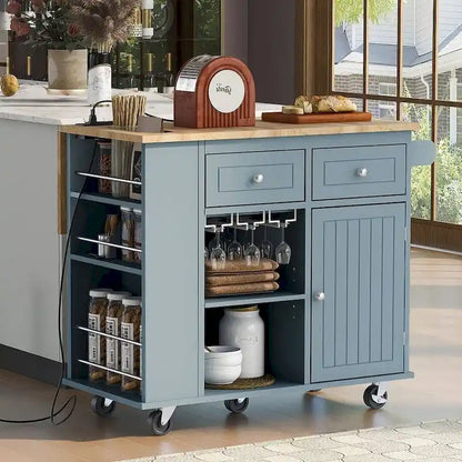 47 Modern Kitchen Cart with Electrical Outlet, Rubberwood Kitchen Island with Drop Leaf and Adjustable Storage Cabinet