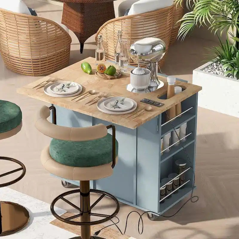 47 Modern Kitchen Cart with Electrical Outlet, Rubberwood Kitchen Island with Drop Leaf and Adjustable Storage Cabinet