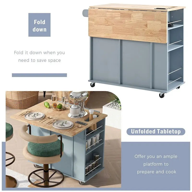47 Modern Kitchen Cart with Electrical Outlet, Rubberwood Kitchen Island with Drop Leaf and Adjustable Storage Cabinet