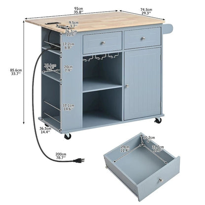 47 Modern Kitchen Cart with Electrical Outlet, Rubberwood Kitchen Island with Drop Leaf and Adjustable Storage Cabinet