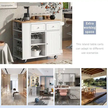 47 Modern Kitchen Cart with Electrical Outlet, Rubberwood Kitchen Island with Drop Leaf and Adjustable Storage Cabinet