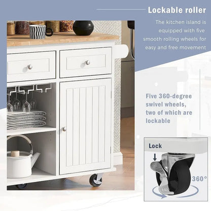 47 Modern Kitchen Cart with Electrical Outlet, Rubberwood Kitchen Island with Drop Leaf and Adjustable Storage Cabinet