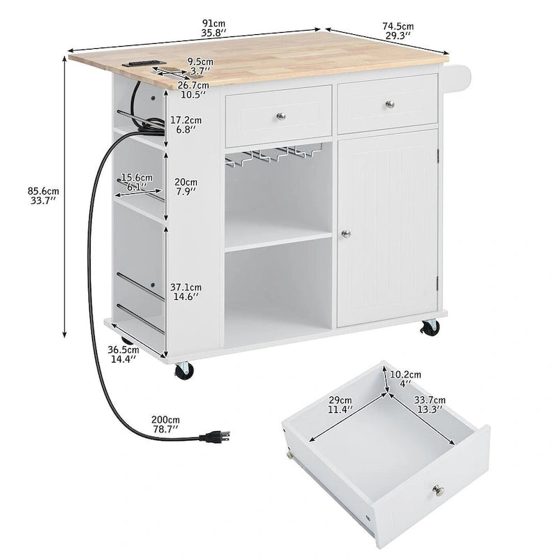 47 Modern Kitchen Cart with Electrical Outlet, Rubberwood Kitchen Island with Drop Leaf and Adjustable Storage Cabinet