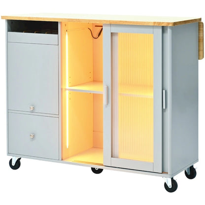 LED Light Kitchen Cart with Drop Leaf and Adjustable Shelf