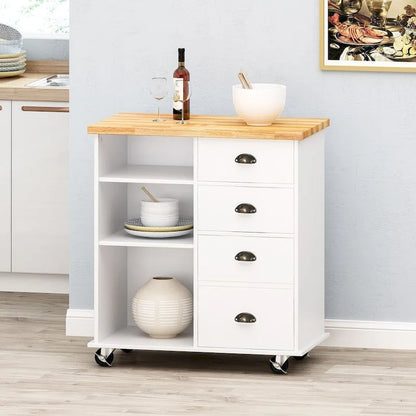 Contemporary Wood Kitchen Cart with Wheels Drawers and Cabinet by Christopher Knight Home
