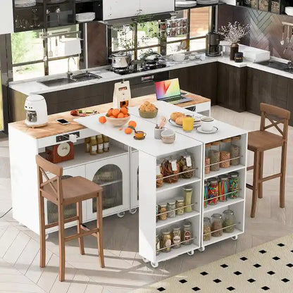 LED Lights Kitchen Island Cart With Extended Table and Power Outlets