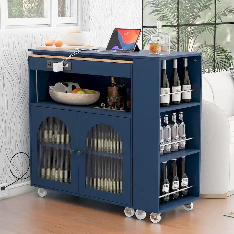 LED Lights Kitchen Island Cart With Extended Table and Power Outlets