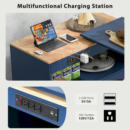 LED Lights Kitchen Island Cart With Extended Table and Power Outlets