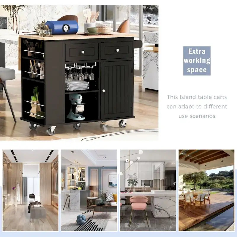 Kitchen Island with Power Outlet Kitchen Storage Island with Drop Leaf and Rubber Wood Open Storage and Wine Rack 5 Wheels