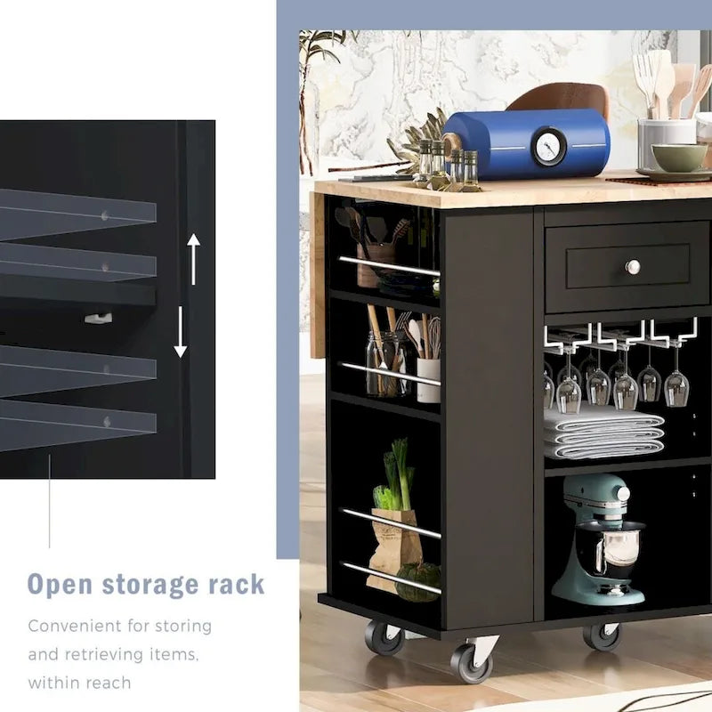 Kitchen Island with Power Outlet Kitchen Storage Island with Drop Leaf and Rubber Wood Open Storage and Wine Rack 5 Wheels