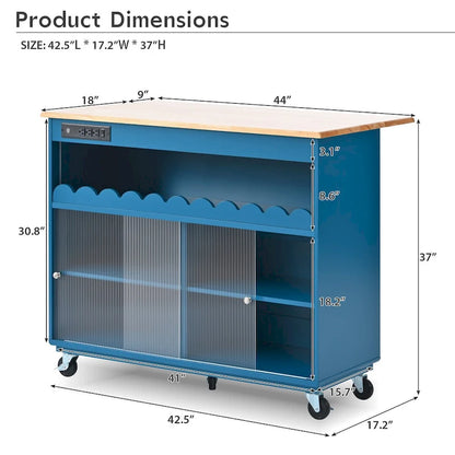 44 in. W Kitchen Island Rubberwood Drop-Leaf Countertop on 5 Wheels with Open Shelf and Wine Rack - 44