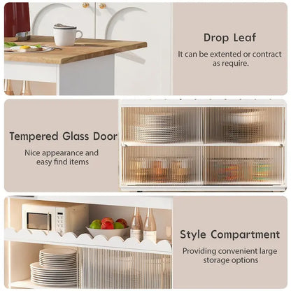 44 in. W Kitchen Island Rubberwood Drop-Leaf Countertop on 5 Wheels with Open Shelf and Wine Rack - 44