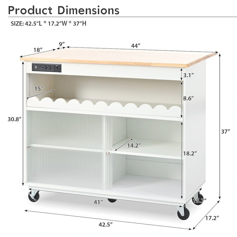 44 in. W Kitchen Island Rubberwood Drop-Leaf Countertop on 5 Wheels with Open Shelf and Wine Rack - 44