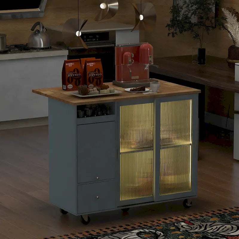 Kitchen Island Cart with Drop-Leaf Countertop, LED Lighting, Fluted Glass Doors, Adjustable Shelf, and Two Drawers