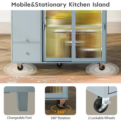 Kitchen Island Cart with Drop-Leaf Countertop, LED Lighting, Fluted Glass Doors, Adjustable Shelf, and Two Drawers