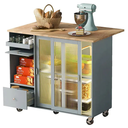 Kitchen Island Cart with Drop-Leaf Countertop, LED Lighting, Fluted Glass Doors, Adjustable Shelf, and Two Drawers