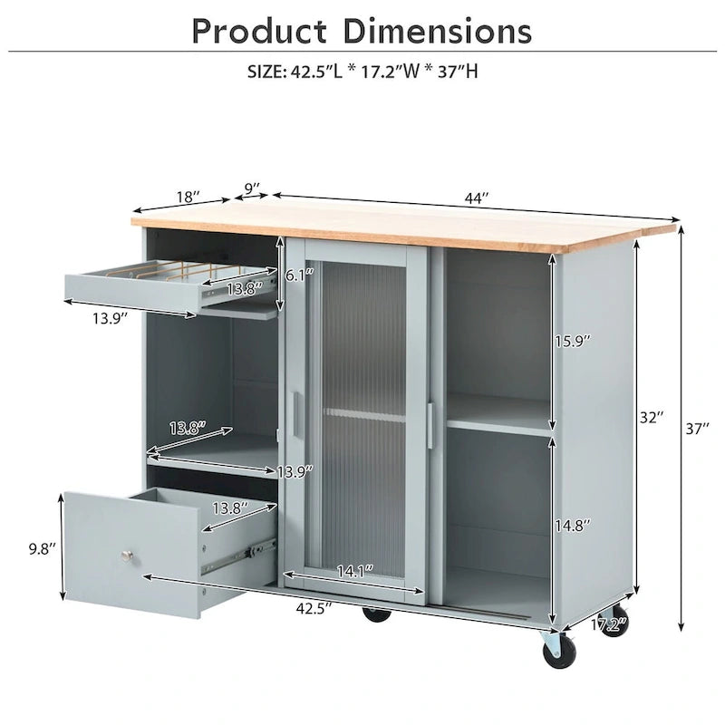Kitchen Island Cart with Drop-Leaf Countertop, LED Lighting, Fluted Glass Doors, Adjustable Shelf, and Two Drawers