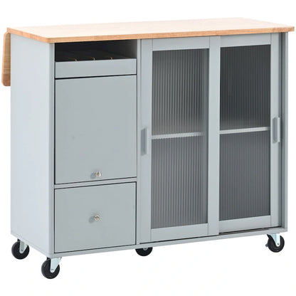 Kitchen Island Cart with Drop-Leaf Countertop, LED Lighting, Fluted Glass Doors, Adjustable Shelf, and Two Drawers