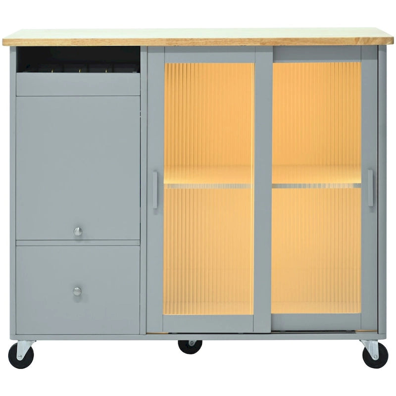Kitchen Island Cart with Drop-Leaf Countertop, LED Lighting, Fluted Glass Doors, Adjustable Shelf, and Two Drawers