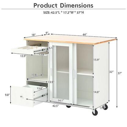 Kitchen Island Cart with Drop-Leaf Countertop, LED Lighting, Fluted Glass Doors, Adjustable Shelf, and Two Drawers