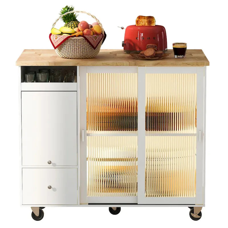 Kitchen Island Cart with Drop-Leaf Countertop, LED Lighting, Fluted Glass Doors, Adjustable Shelf, and Two Drawers