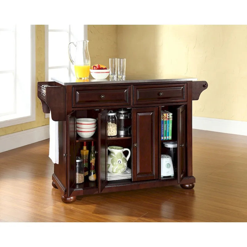 Crosley Alexandria Stainless Steel Top Kitchen Island in Vintage Mahogany Finish - 18d x 51.5w x 34h
