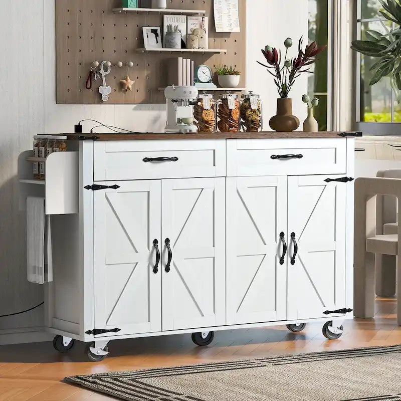 53.5Farmhouse Kitchen Island with Power Outlet, Kitchen Storage Island with Drop Leaf, Spice Rack and Drawer