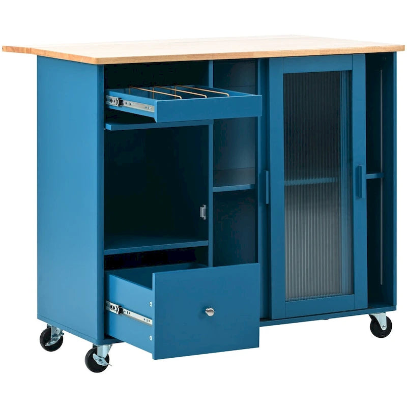 44 in. W Kitchen Island Rubber Wood Drop-Leaf Countertop on 5 Wheels with an Adjustable Shelf and 2 Drawers - 44