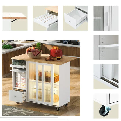 44 in. W Kitchen Island Rubber Wood Drop-Leaf Countertop on 5 Wheels with an Adjustable Shelf and 2 Drawers - 44
